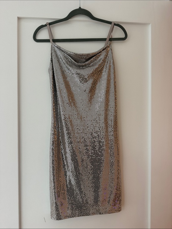 bebe Dresses & Skirts - bebe Silver Sequined Cowl Mini Dress